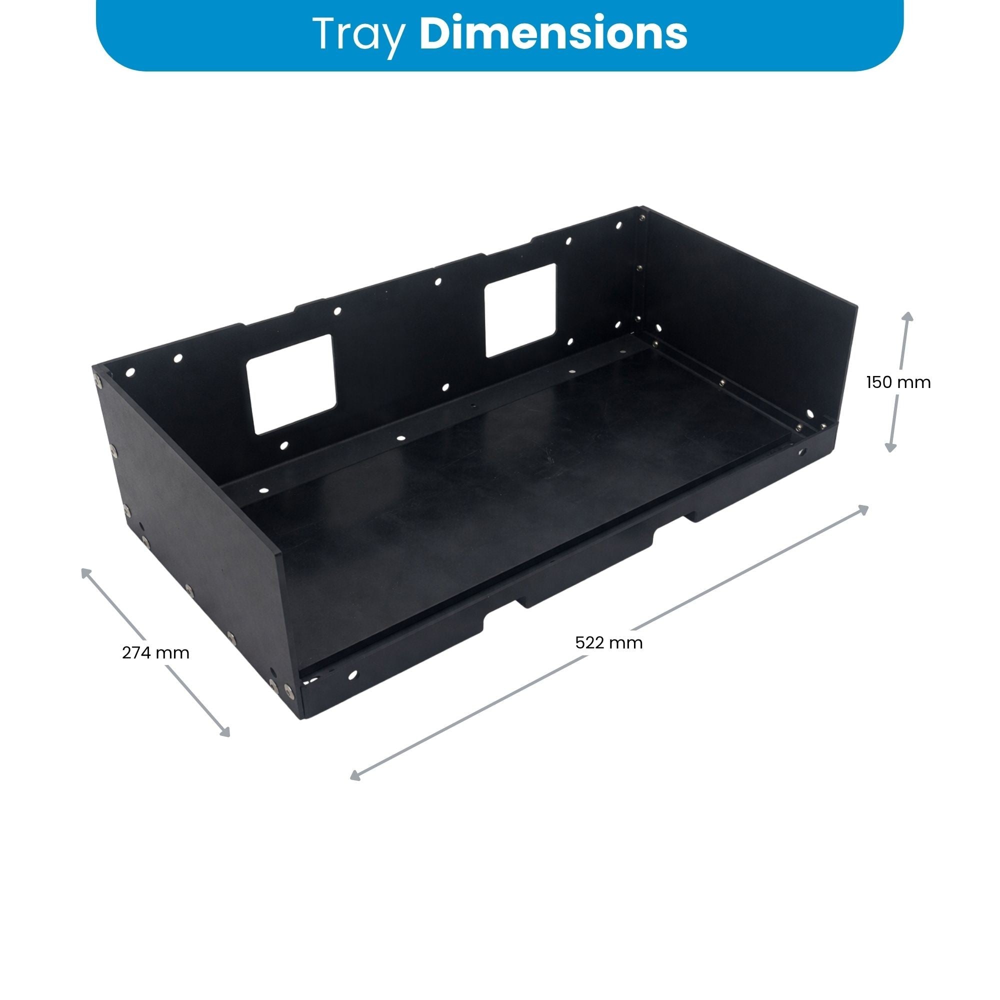 Dimensions of the Amptron Type E mounting tray, 522mm long by 274mm wide by 150mm high