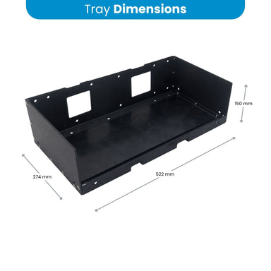 Dimensions of the Amptron Type E mounting tray, 522mm long by 274mm wide by 150mm high
