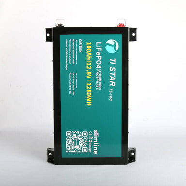 100Ah Slimline Tistar Battery rotated on a white background