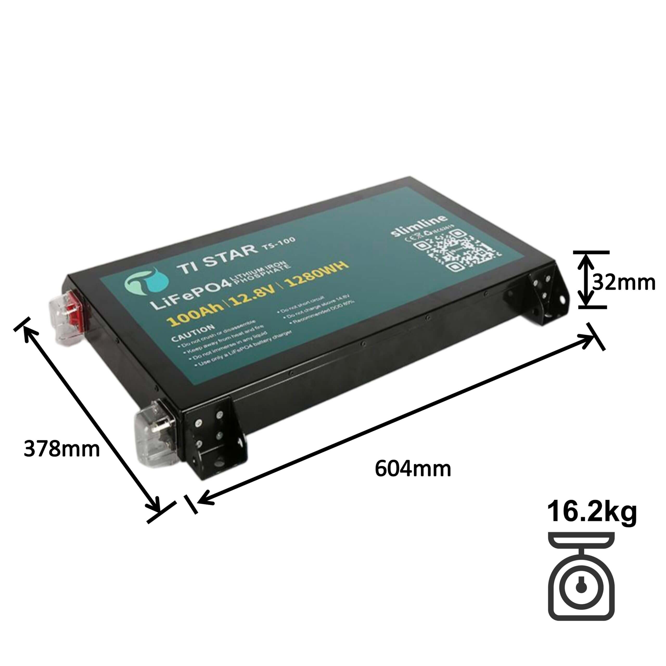 100Ah Slimline Tistar Battery rotated Dimensions on a white background
