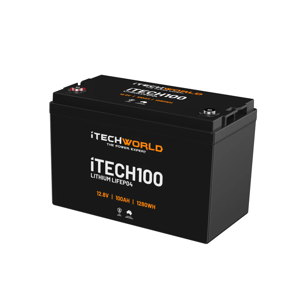 100Ah iTech Deep Cycle Battery slightly angled to the left on a white background