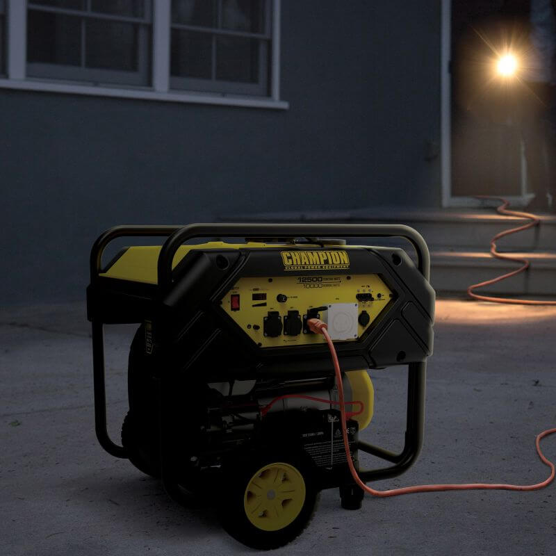 12.5 kVA Petrol Generator in a dark setting with the light in the background