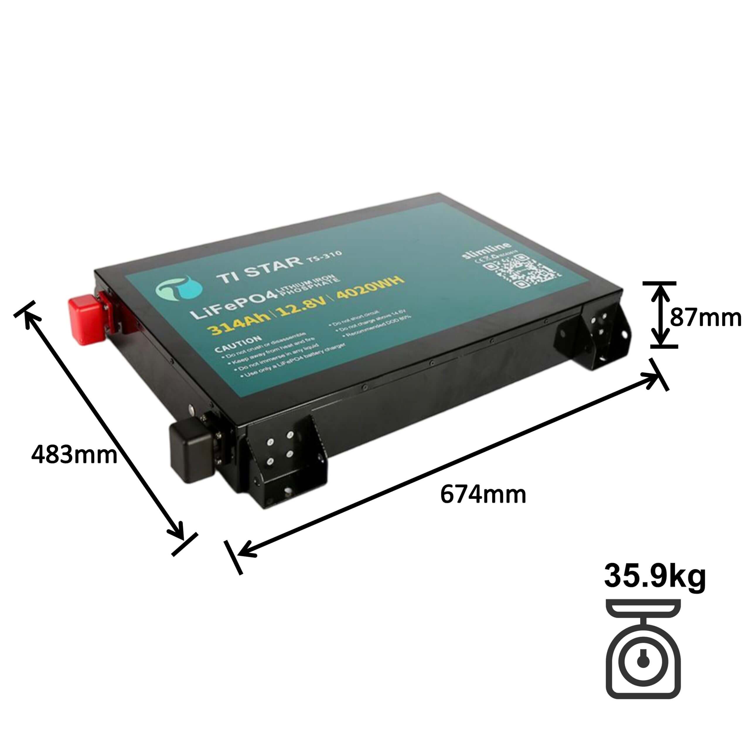 12V 310Ah Slimline Tistar Battery Dimensions and weight on a white background