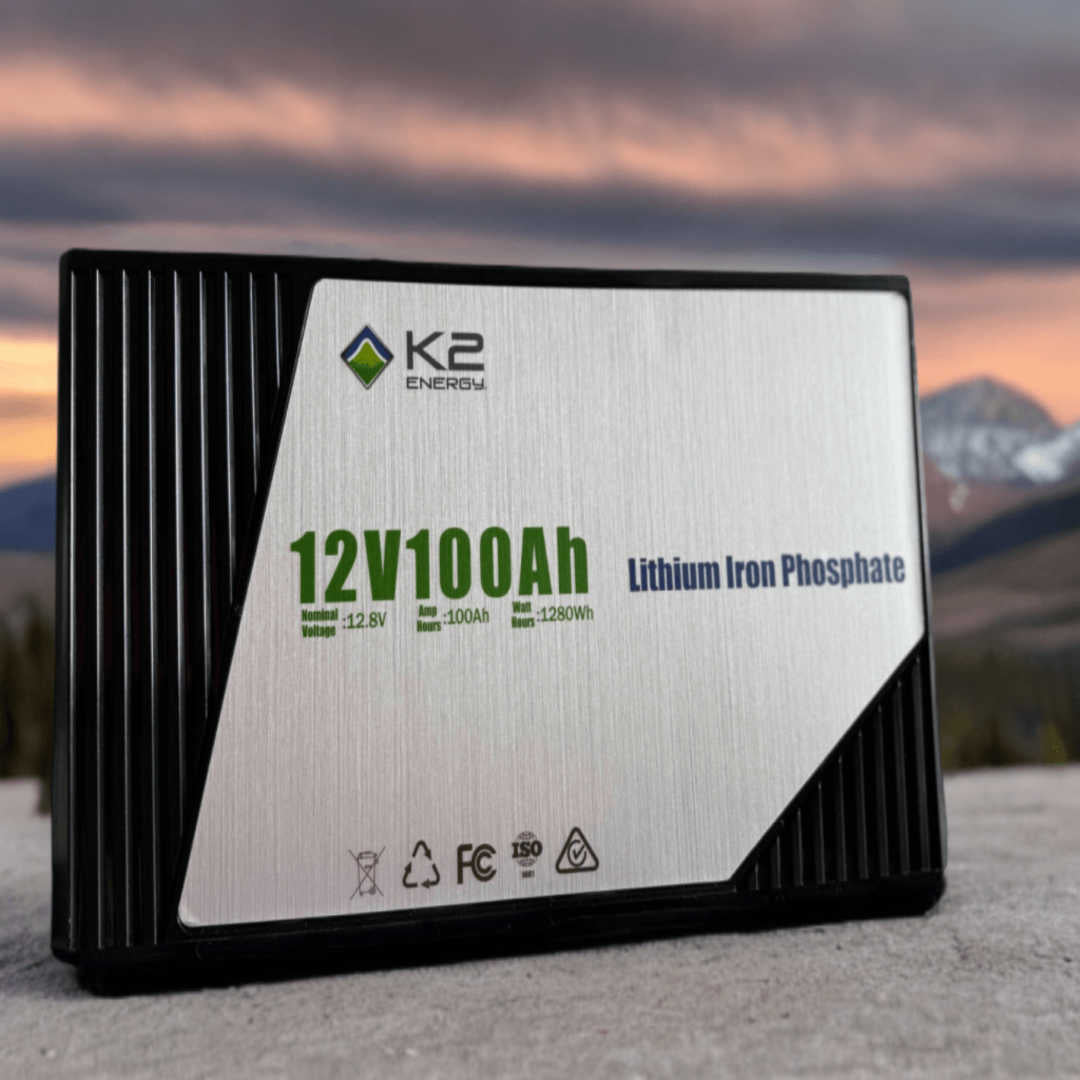 12v 100ah K2 Energy Battery on top of a solid ground