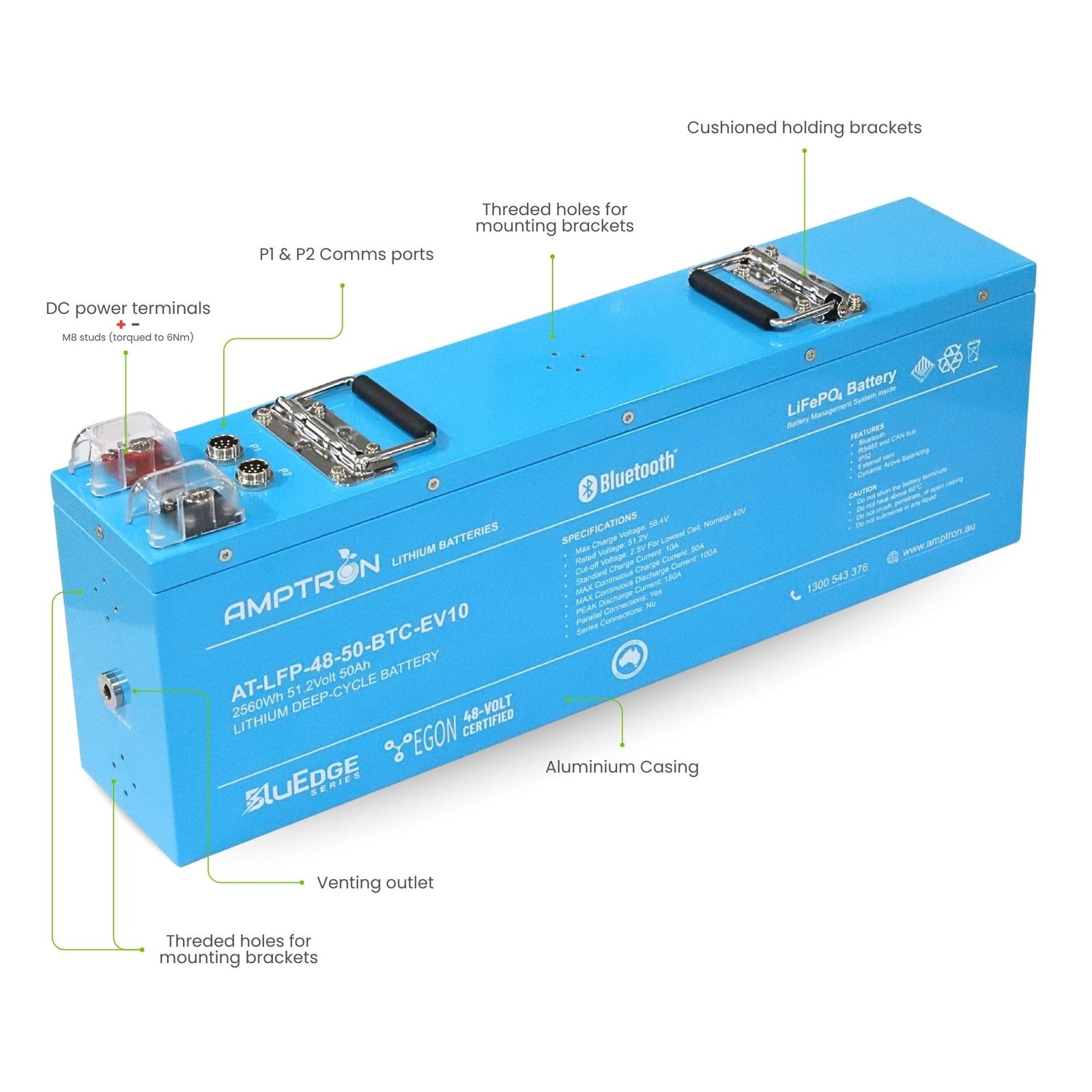 Labelled diagram of the Amptron 48V 50Ah EGON battery showing M8 DC terminals, P1 and P2 comms ports, venting outlet, threaded mounting holes and aluminium casing