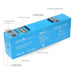 Labelled diagram of the Amptron 48V 50Ah EGON battery showing M8 DC terminals, P1 and P2 comms ports, venting outlet, threaded mounting holes and aluminium casing