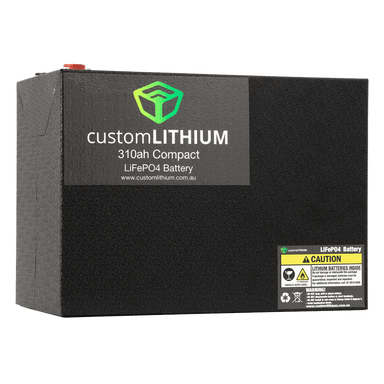 A photo showing the front of a custom lithium 310ah compact lithium battery.