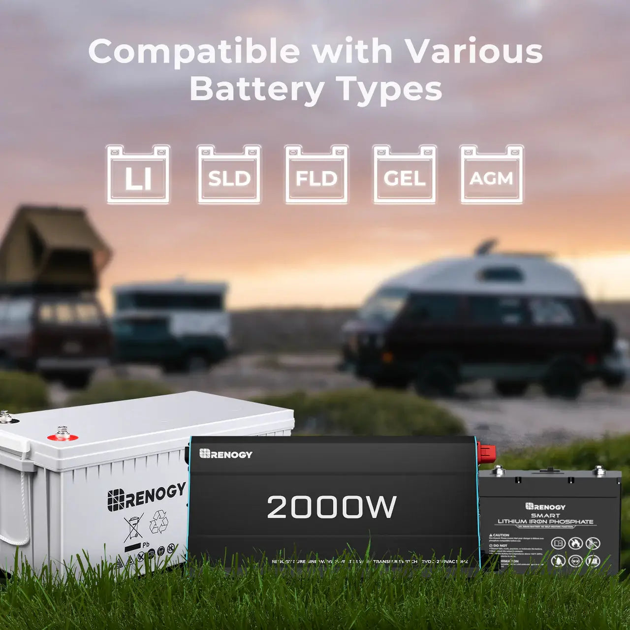 2000W Renogy Inverter compatible with various battery types