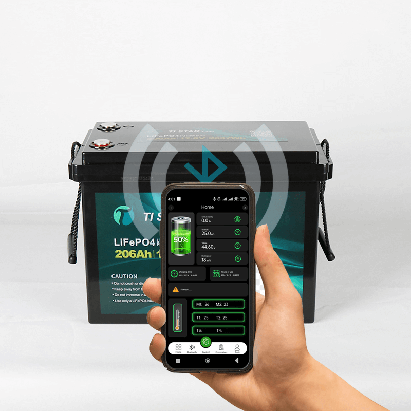 200Ah Tistar Lithium Battery with app with a mobile on hand