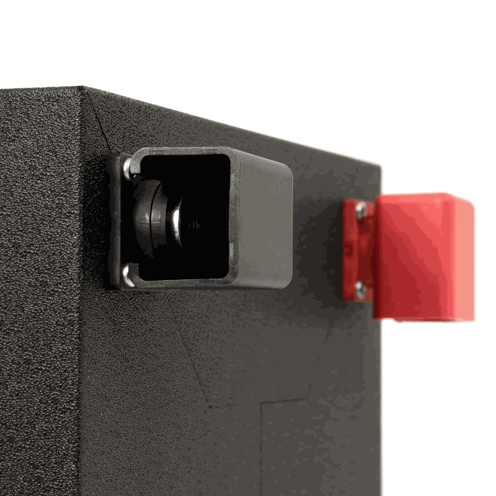 A photo of a custom lithium 620ah caravan lithium battery showing the red and black terminals.
