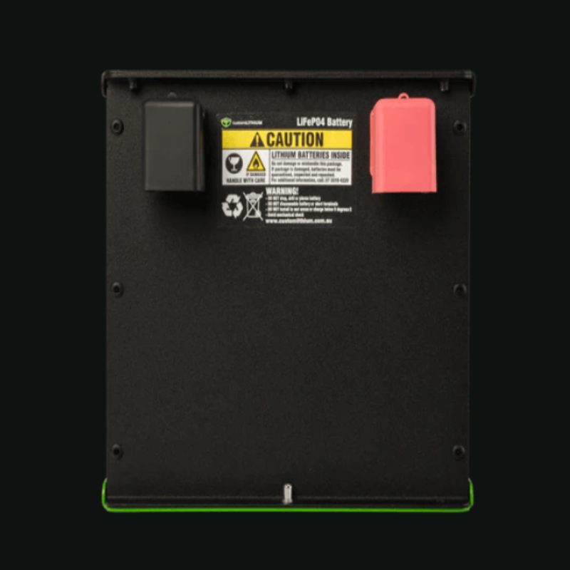 24V 200Ah Custom Lithium back on a black background