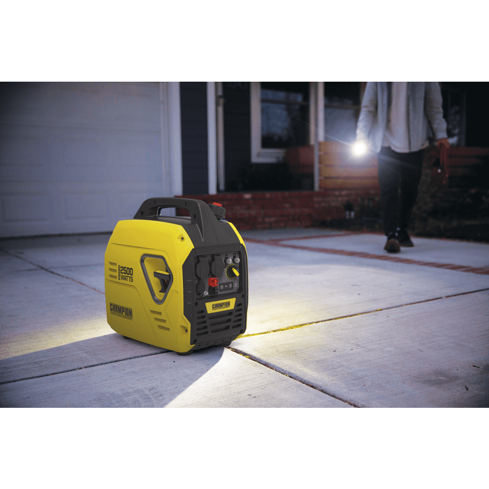 2500W Portable Inverter Generator on an Outdoor Set Up while a man shines a light on the area