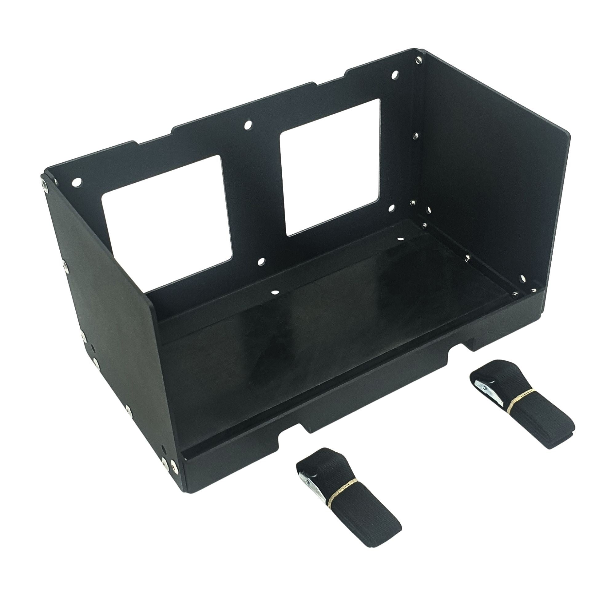 Amptron powder coated aluminium mounting tray for 12V 100Ah BluEdge, 12V 150Ah and 24V 50Ah Classic batteries, shown with two locking straps