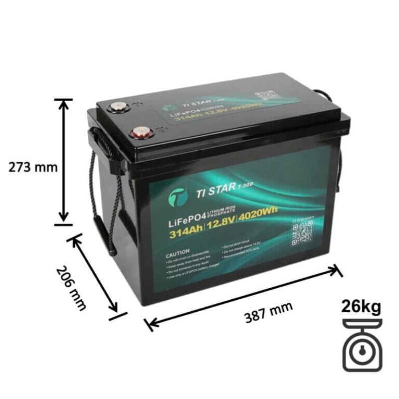 314Ah 12V Tistar Battery Dimensions on a white background