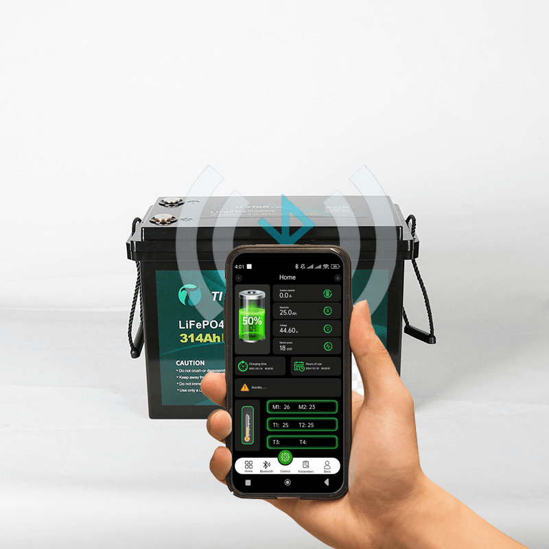 314Ah Tistar Lithium Battery on app with a hand holding a mobile phone on a white background