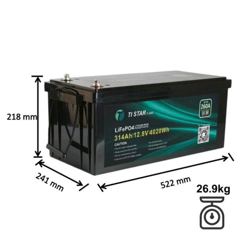 314Ah Tistar Long Battery Dimensions on a white background