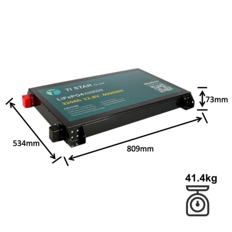 320Ah Slimline Tistar Lithium Battery Dimensions and weight on a white background