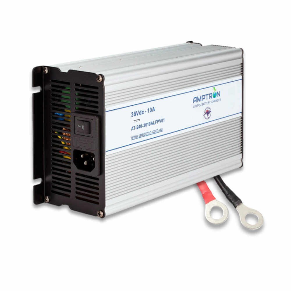 36V 10A AC-DC Battery Charger Angled to the Left on a white background