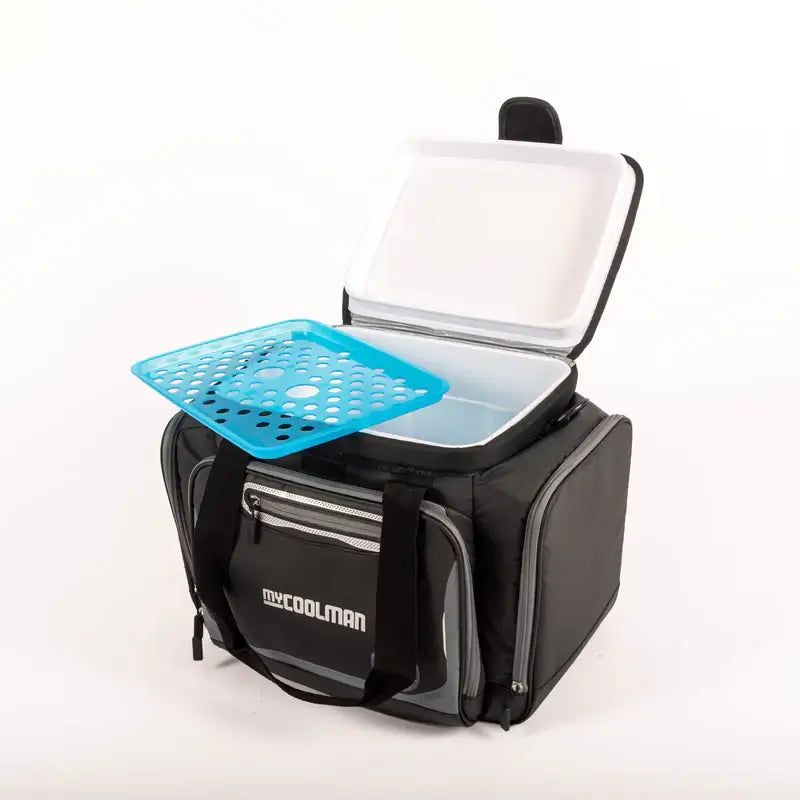 36 Can HardBody Duffel Cooler Blue Strainer on a white background