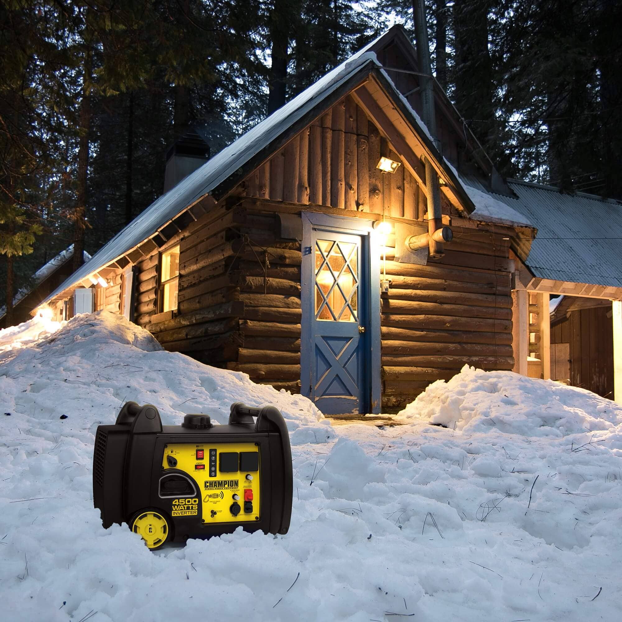 4.5 kVA Champion generator sitting in the snow outside a lit wooden cabin in the forest