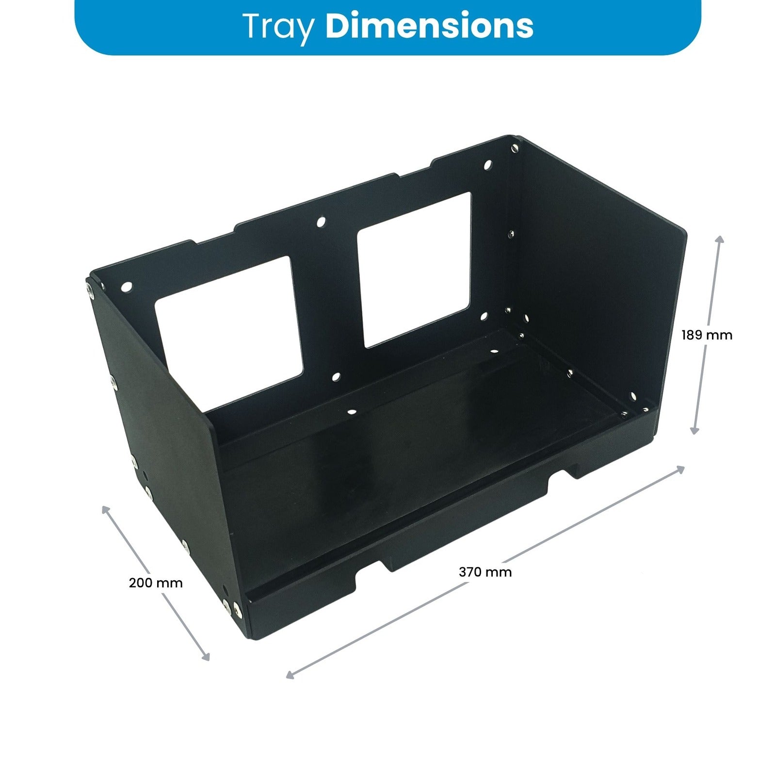 Dimensions of the Amptron Type C mounting tray, 370mm long by 200mm wide by 189mm high