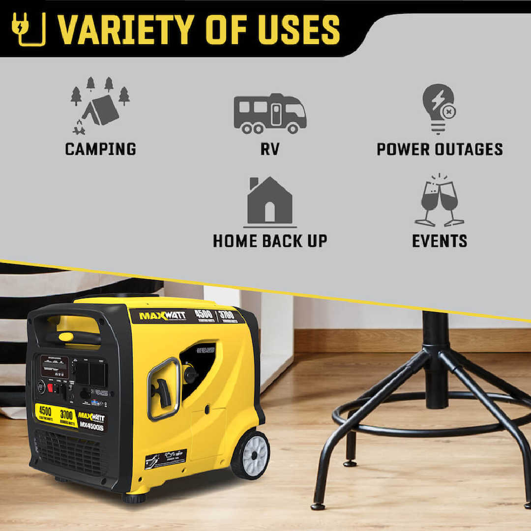 4500W Maxwatt Generator variety of uses infographic