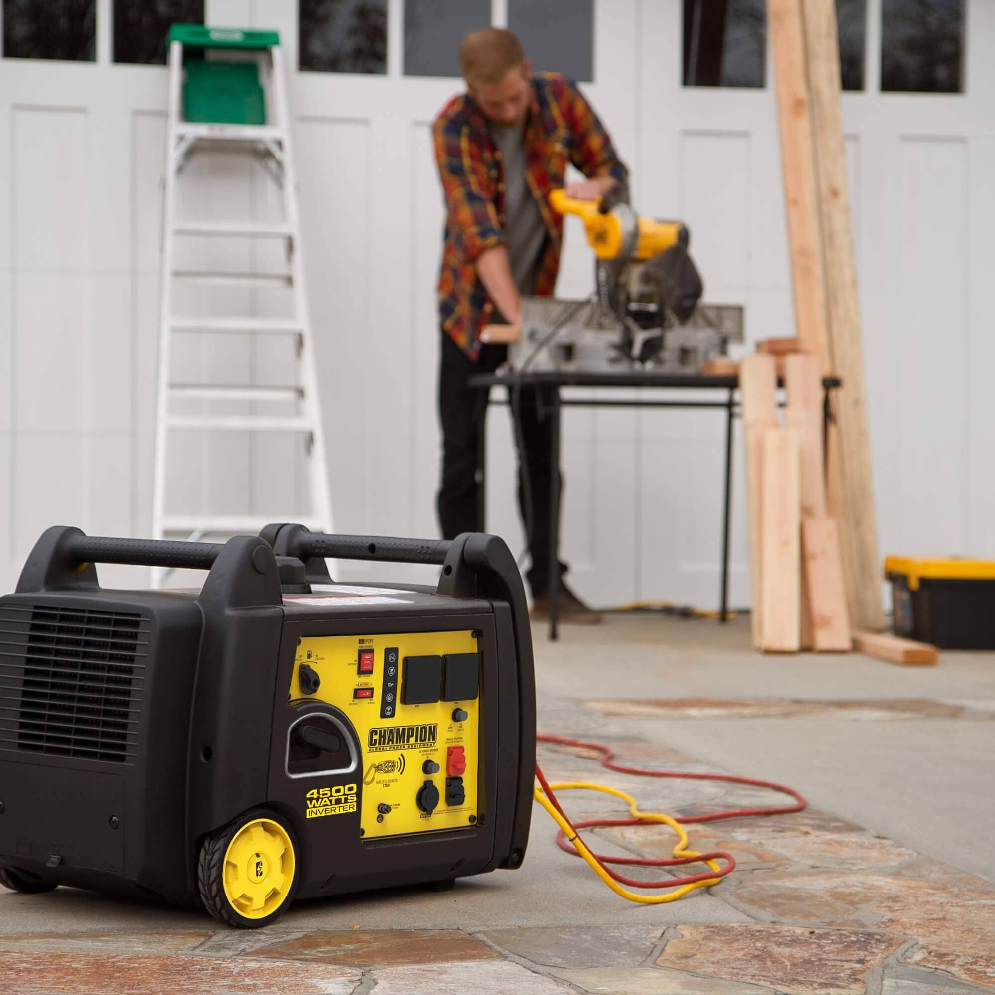 4500W Portable Inverter Generator Slightly Angled to the Left on an outdoor set up