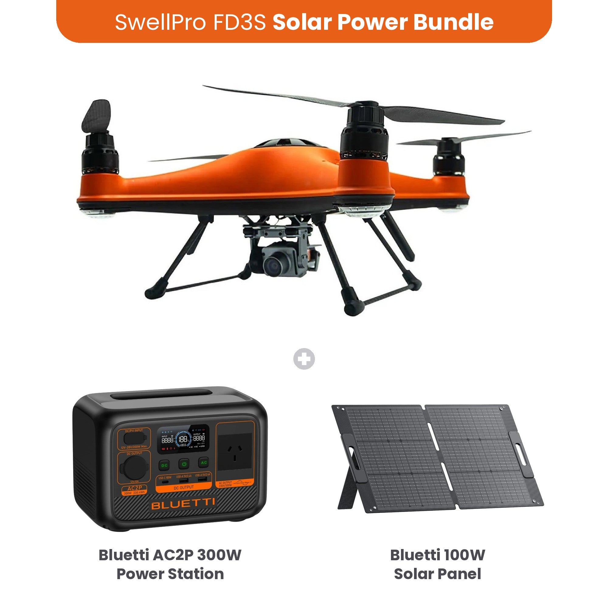 SwellPro Fisherman FD3S 4K fishing drone solar power bundle with Bluetti AC2P 300W power station and Bluetti 100W solar panel