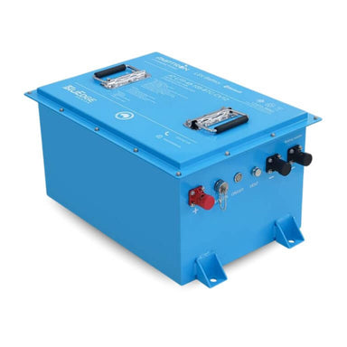 A 48V Golf Cart Battery Blue Amptron on a white background
