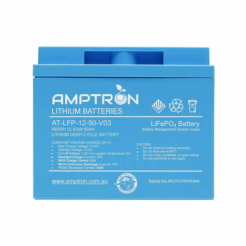 50Ah 70A Amptron Battery Front Photo on a white background