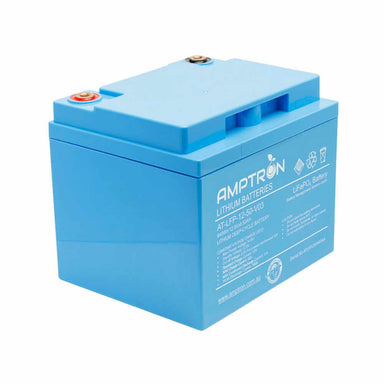 50Ah 70A Amptron Lithium Battery Angled to the Right on a white background