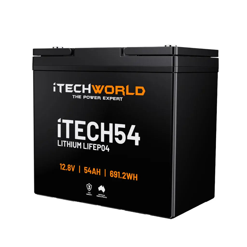 54Ah iTech Deep Cycle Battery slightly angled to the left on a white background