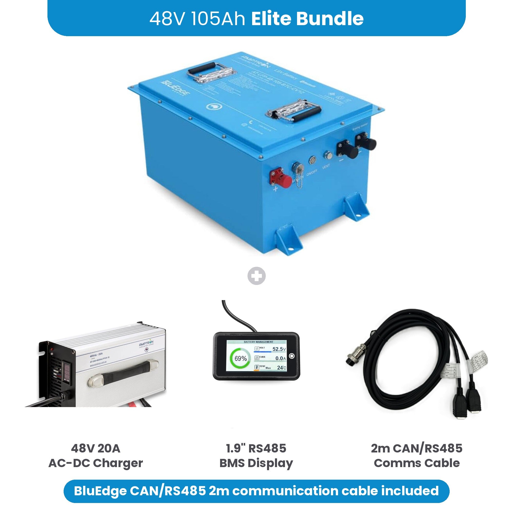 Amptron 48V 105Ah Elite Bundle with 48V 20A charger, 1.9 inch RS485 BMS display and 2m CAN/RS485 communication cable