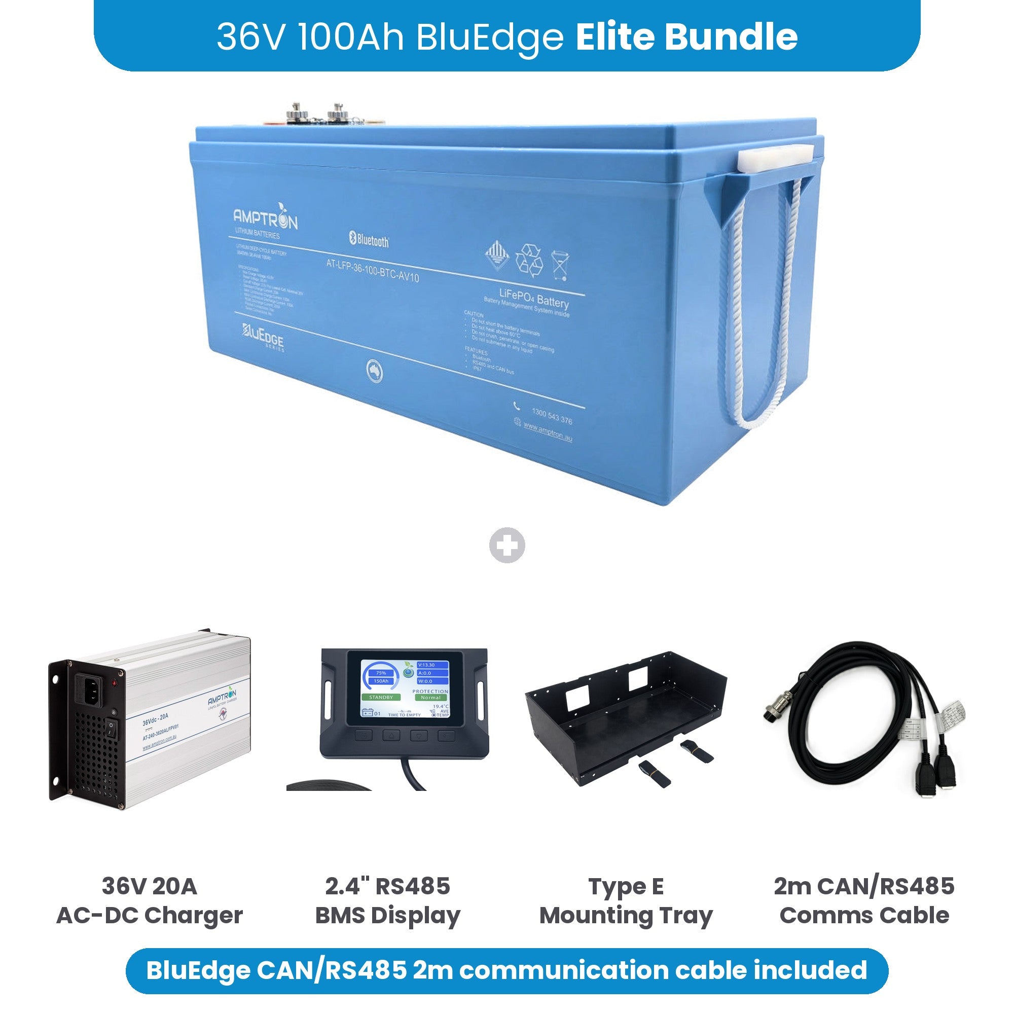 Amptron 36V BluEdge 100Ah Elite Bundle with 36V 20A charger, 2.4 inch RS485 BMS display, Type E mounting tray and 2m CAN/RS485 communication cable