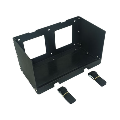 Amptron powder coated aluminium battery mounting tray for 12V 200Ah and 24V 100Ah Classic batteries, shown with two locking straps
