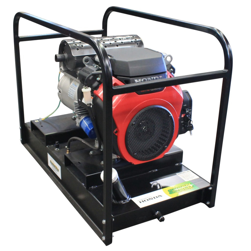 Honda GH16000E-FBT-3 16kVA 3 Phase Petrol Generator angled to the right on a white background