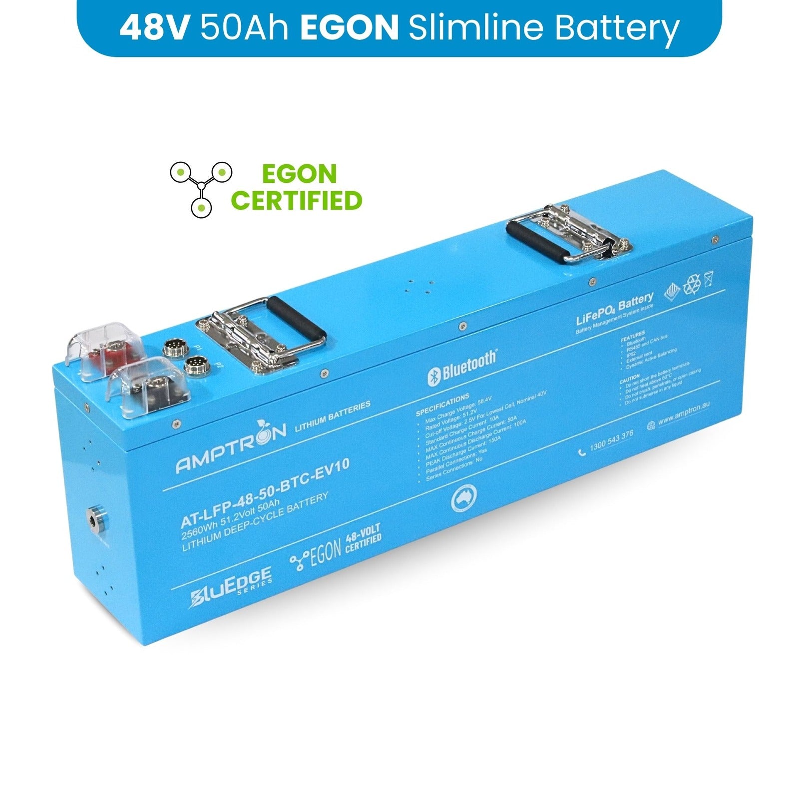 Amptron 48V 50Ah EGON Slimline Lithium Battery in a blue aluminium case with carry handles on a white background