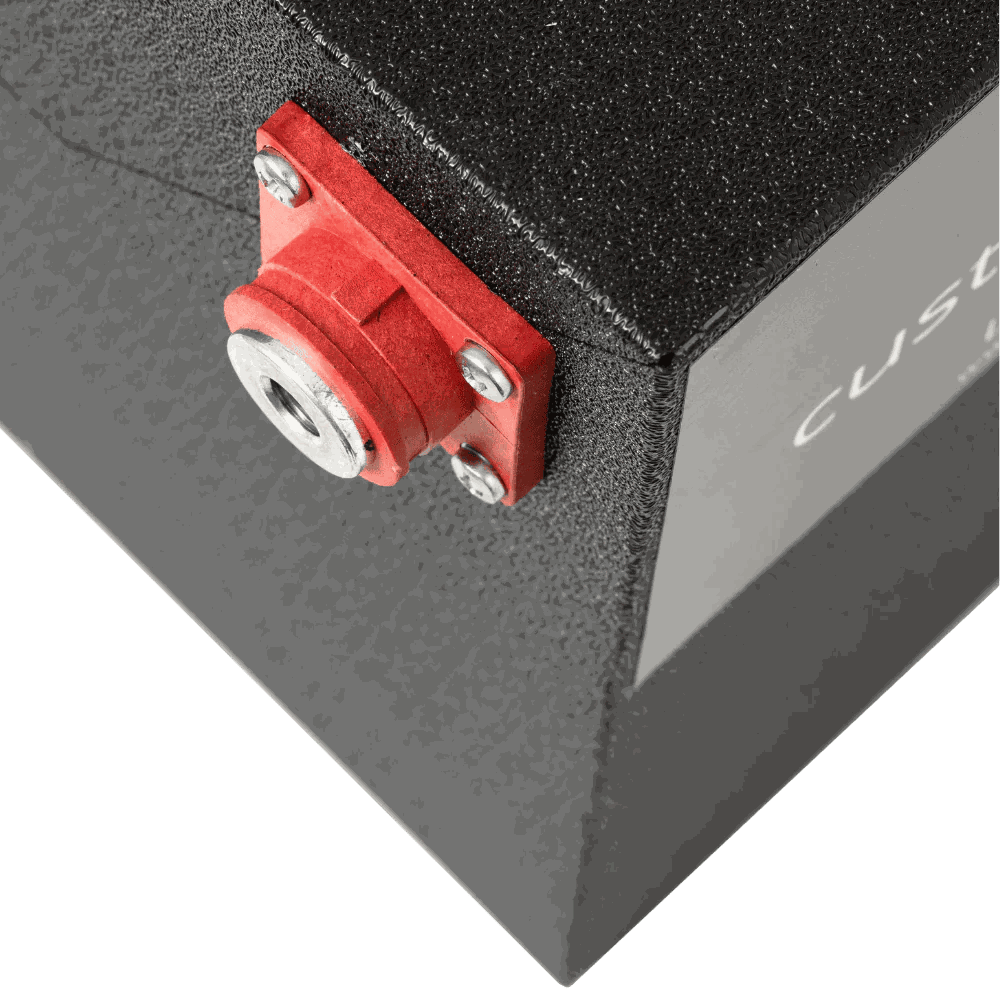 A photo of a custom lithium 620ah caravan lithium battery showing the red terminal close up.