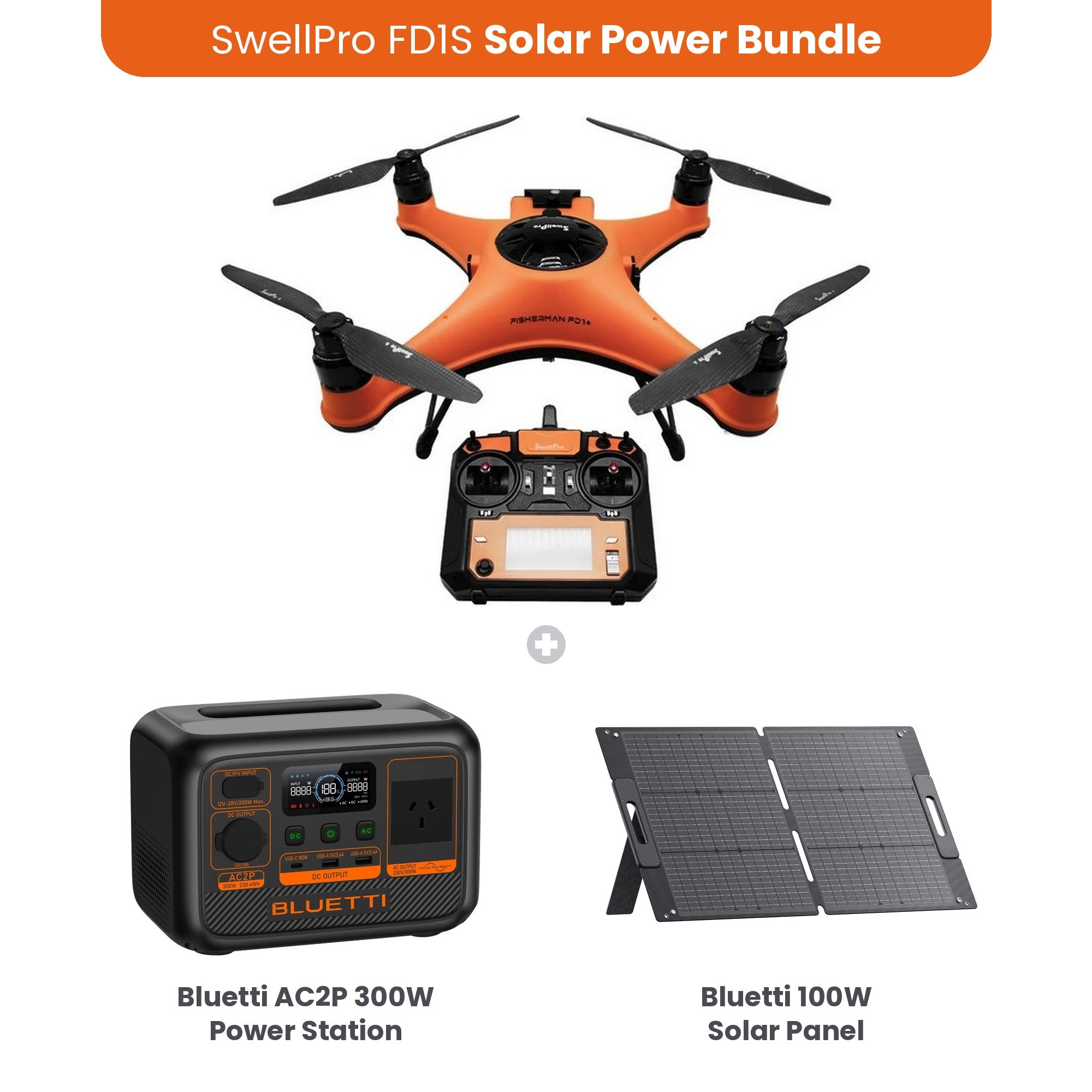 SwellPro Fisherman FD1S fishing drone solar power bundle with Bluetti AC2P 300W power station and Bluetti 100W solar panel