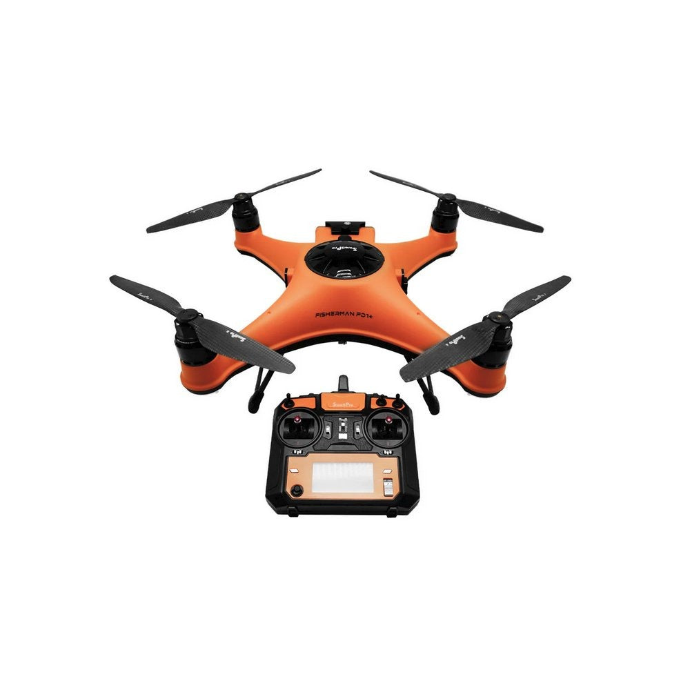 Orange SwellPro Fisherman FD1S fishing drone with carbon fibre propellers beside its remote controller