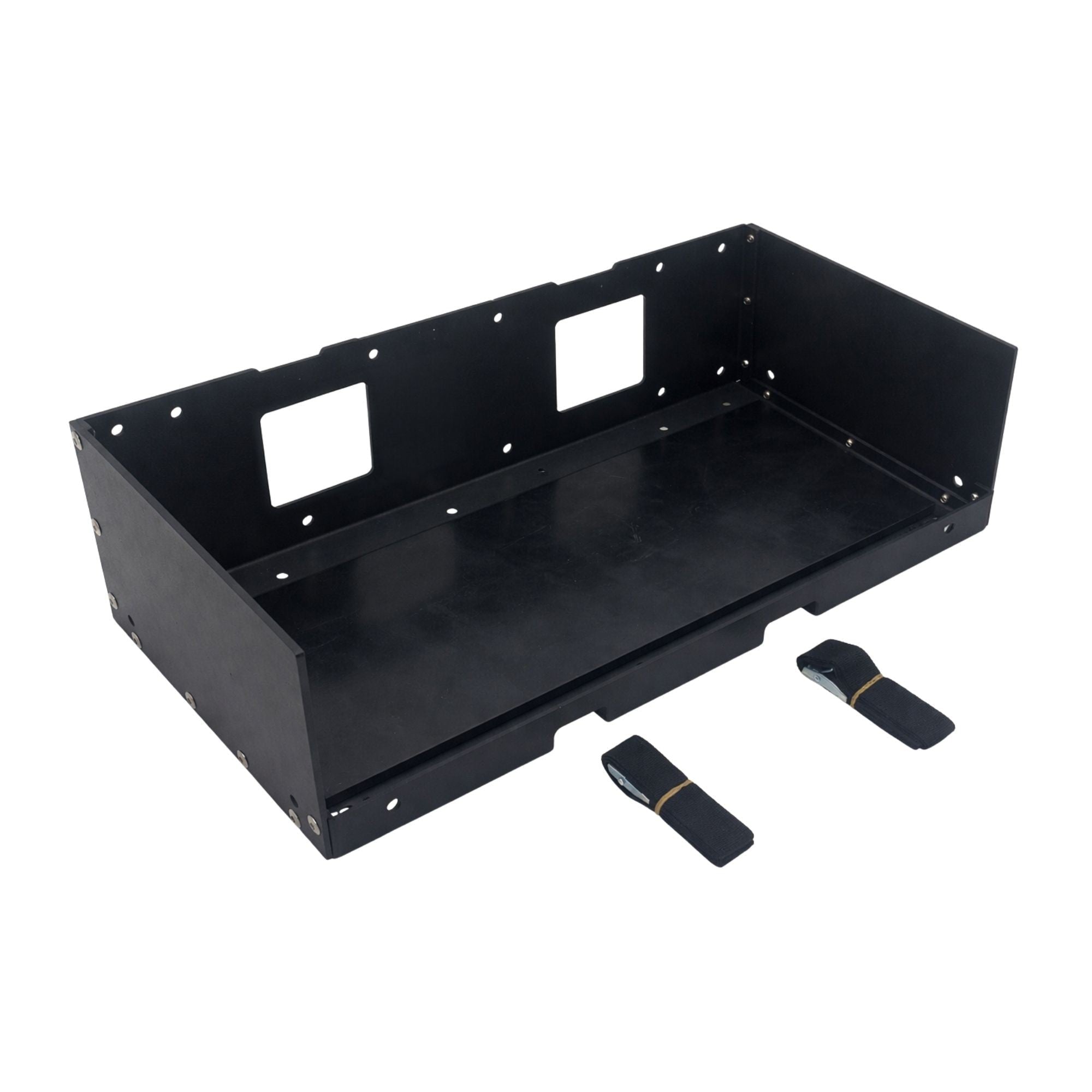 Amptron Type E powder coated aluminium mounting tray with two locking straps, included in the Elite Bundle
