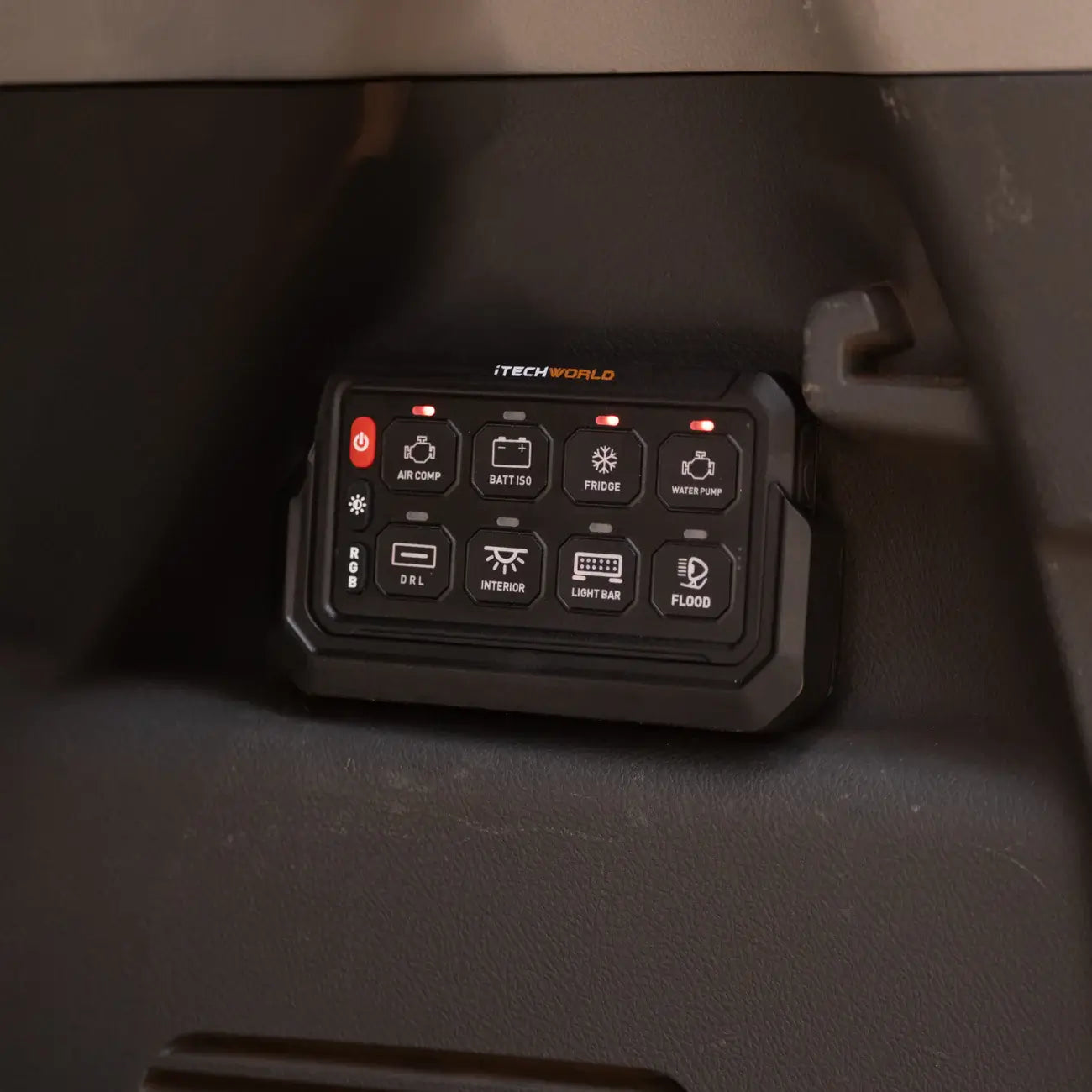 8 gang switch panel in use inside the vehicle