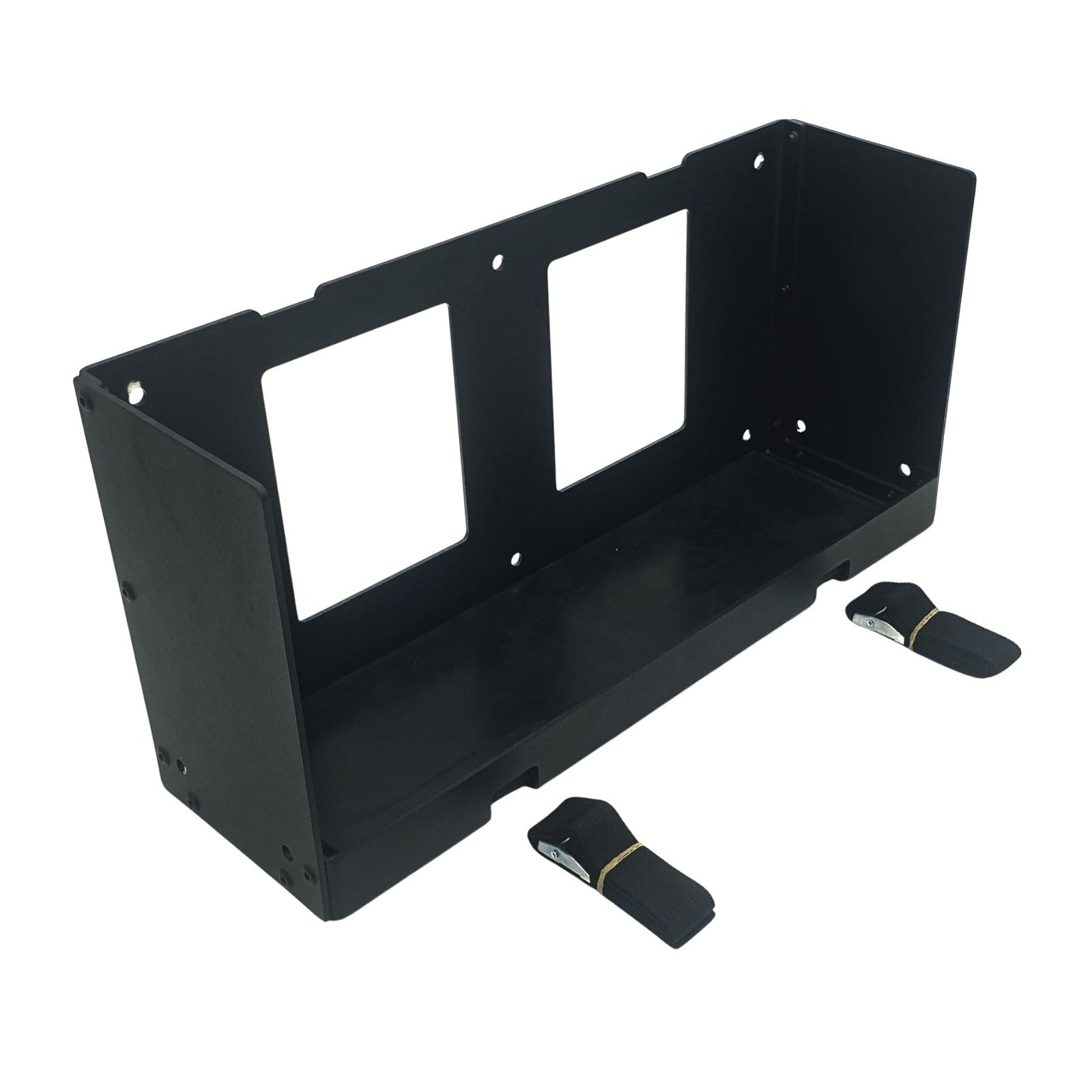 Amptron powder coated aluminium mounting tray for the 12V 200Ah Slimline BluEdge battery, shown with two locking straps