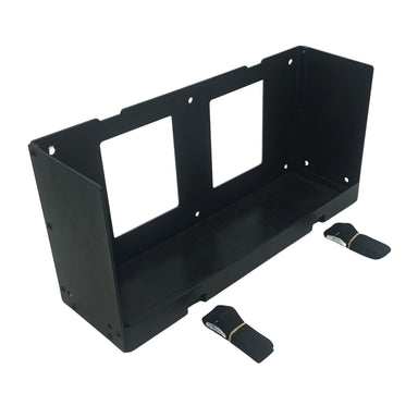 Amptron powder coated aluminium mounting tray for the 12V 200Ah Slimline BluEdge battery, shown with two locking straps