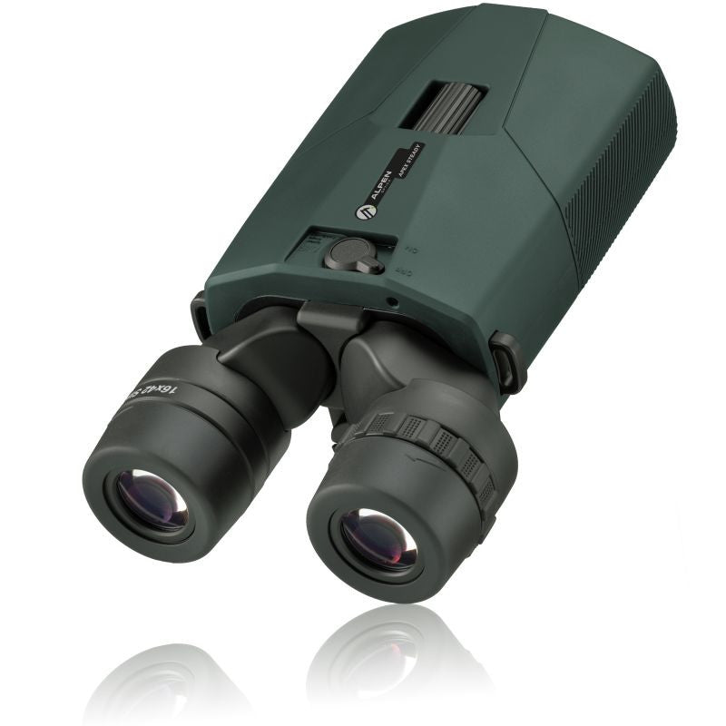 Alpen Optics Apex Steady 14x42 Binoculars angled to the left in white background