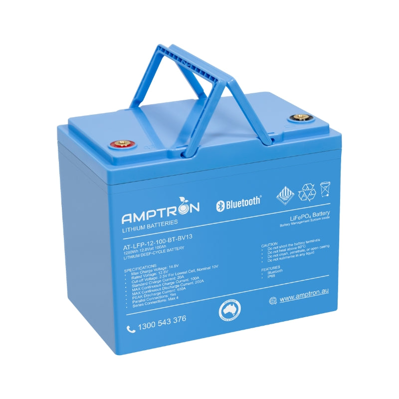 A photo of an Amptron 12V 100Ah 200A lithium battery on a very slight angle with its handles facing upwards on a white background.
