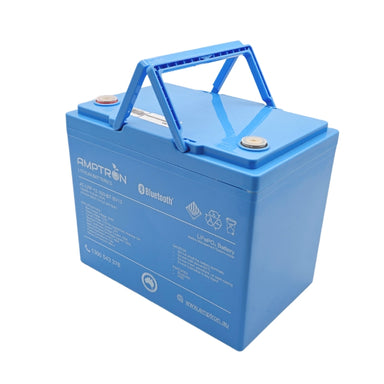 A photo of an Amptron 12V 100Ah 200A lithium battery on a slight right hand angle with its handles facing upwards on a white background.