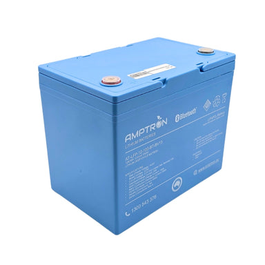 A photo of an Amptron 12V 100Ah 200A lithium battery on a slight angle with its handles facing downwards on a white background.