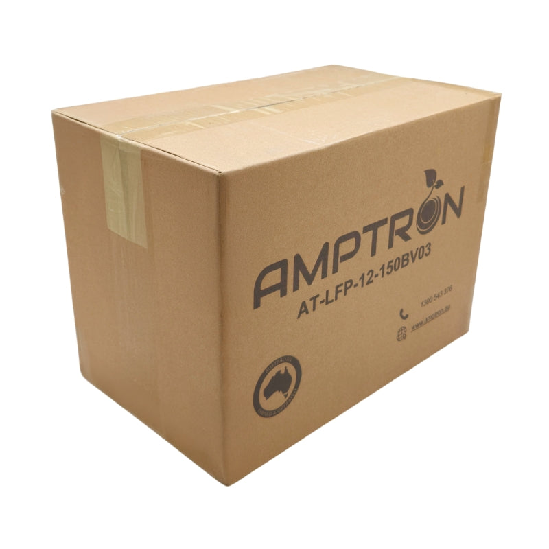 A photo of a blue Amptron 12v 150ah 200a lithium battery in a cardboard box on a slight angle with a white background