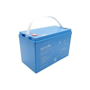 A photo of a blue Amptron 12v 150ah 200a lithium battery on facing front on with a white background